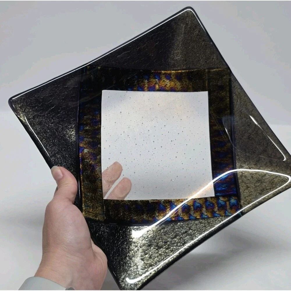 Chris Paulson Fused Art Glass Trinket Tray Plate Signed Dichroic Iridescent